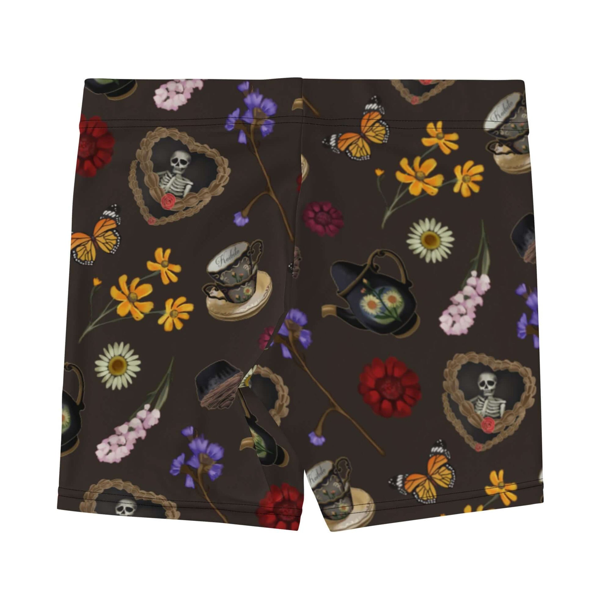 Gothic Tea Time Shorts feature a vibrant floral and skull design, perfect for comfort and style in any setting.