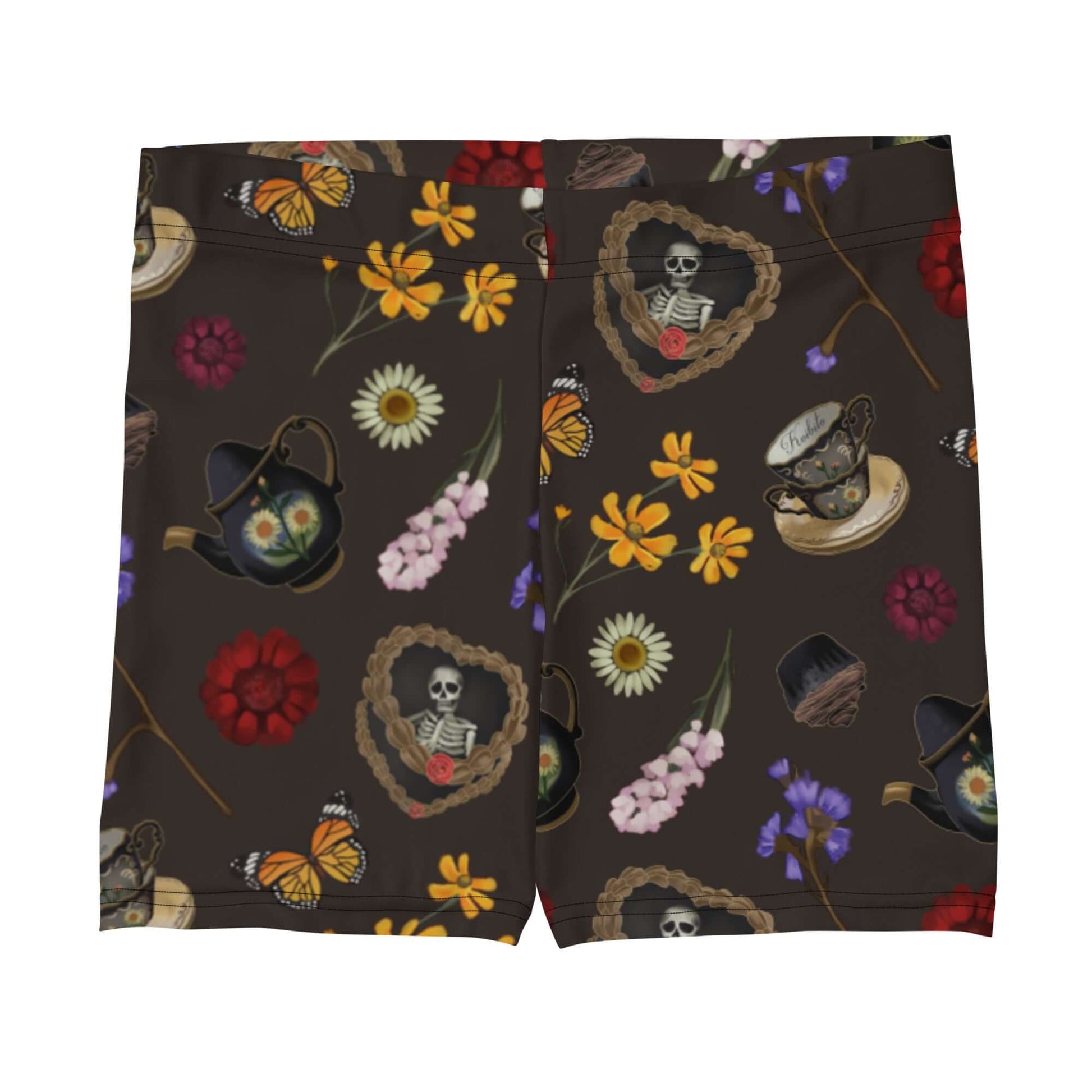 Gothic Tea Time Shorts feature a whimsical design with flowers and skulls, perfect for comfort and style.