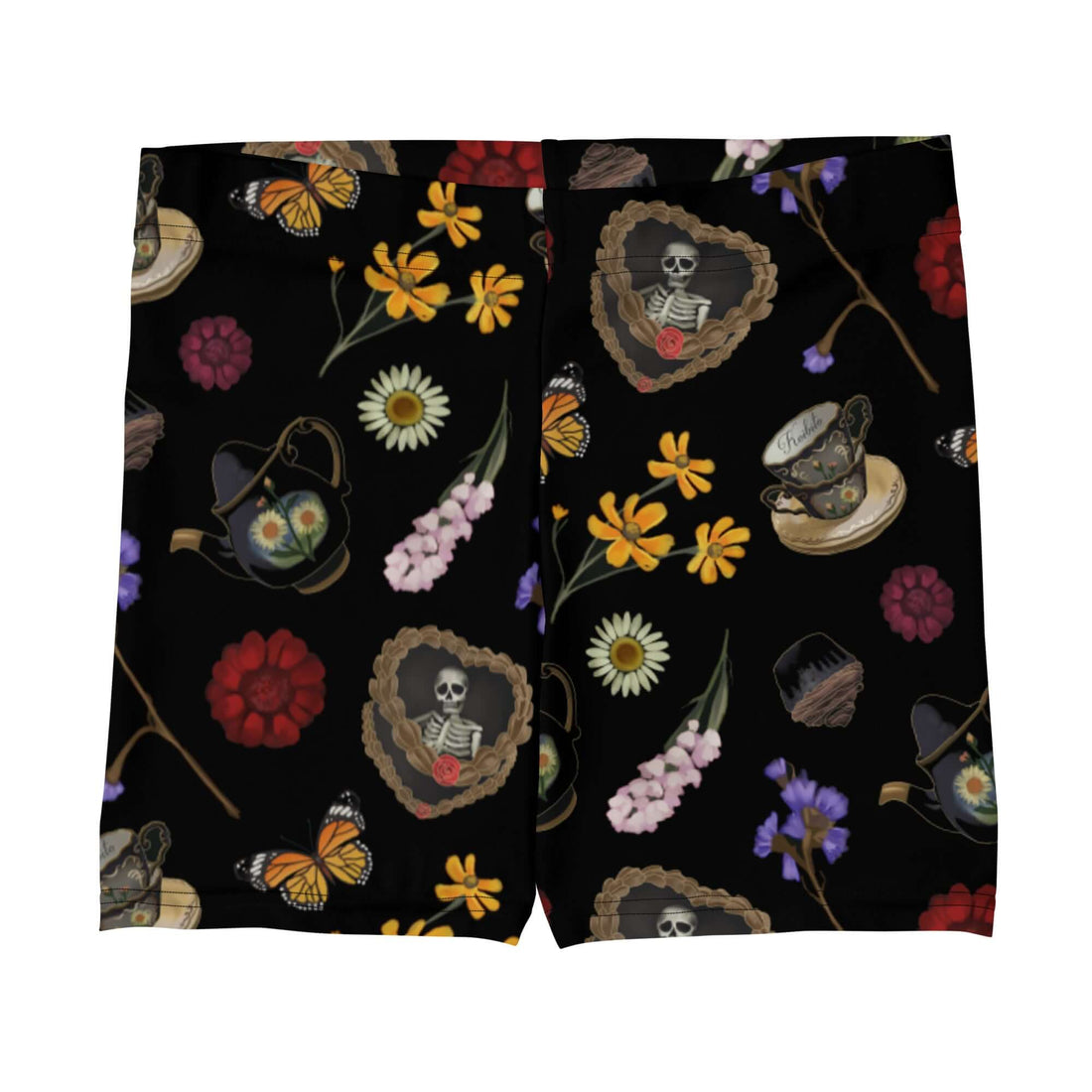 Gothic Tea Time Shorts feature a unique design with floral and skull patterns, perfect for comfort and style.