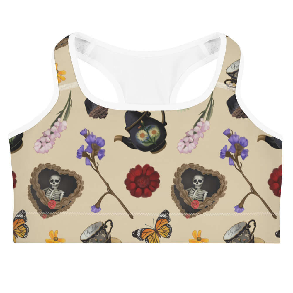 Gothic Tea Time Sports bra featuring whimsical flowers and butterflies, perfect for stylish workouts at [Your Store Name].