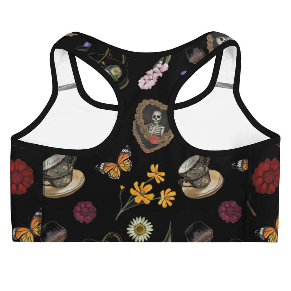 Gothic Tea Time Sports bra features whimsical flowers and butterflies, perfect for showing personality during workouts.