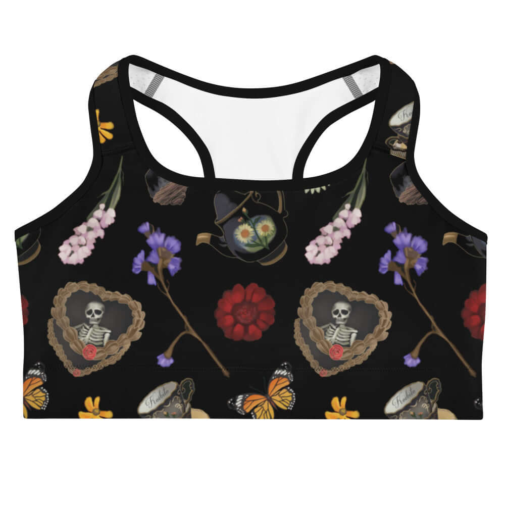 Gothic Tea Time Sports bra features whimsical flowers and butterflies, perfect for showcasing personality during workouts.