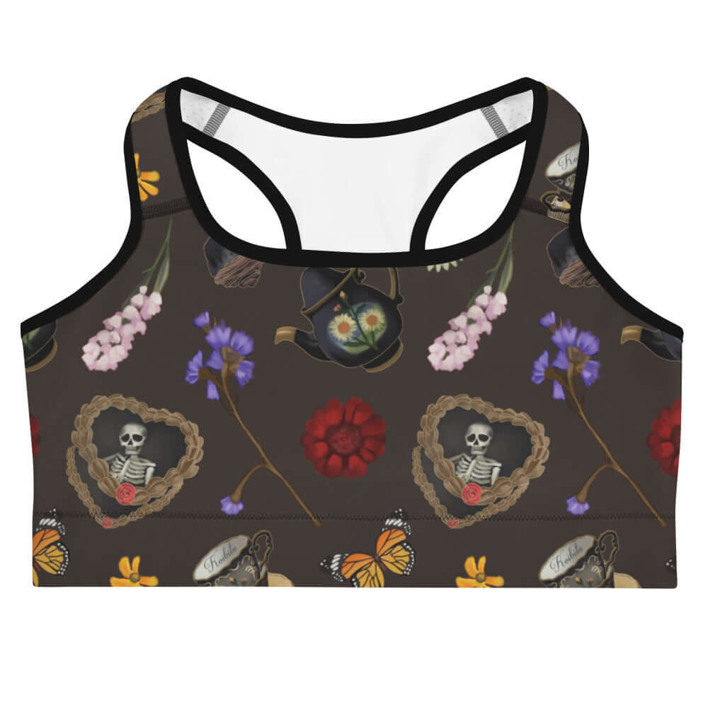 Gothic Tea Time Sports bra features whimsical floral and butterfly designs, perfect for workouts with personality.