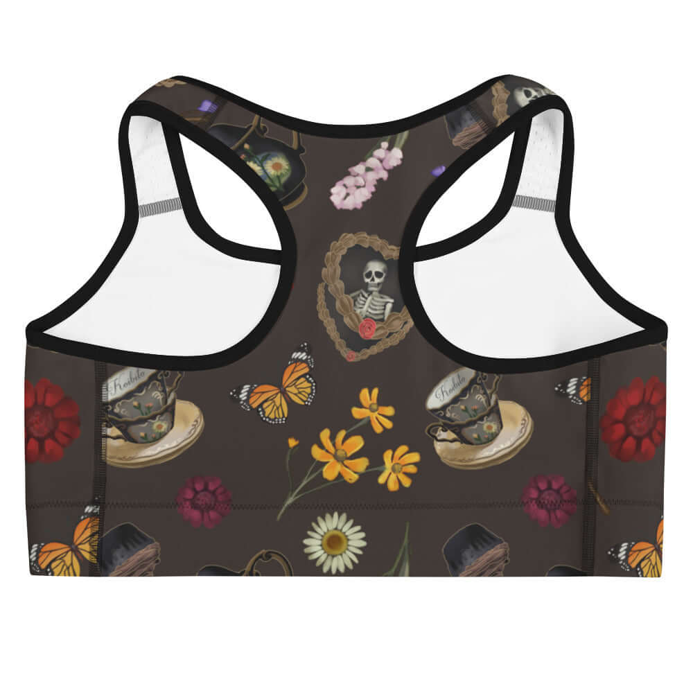 Gothic Tea Time Sports bra features whimsical flowers and butterflies, perfect for stylish workouts.
