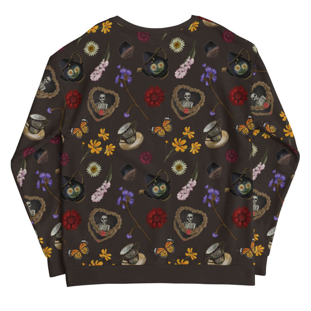 Gothic Tea Time Sweatshirt featuring a vibrant, dark print perfect for unique tea time gatherings.