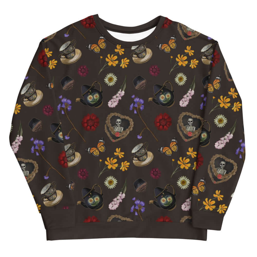 Gothic Tea Time Sweatshirt features dark, whimsical patterns perfect for unique tea time gatherings.