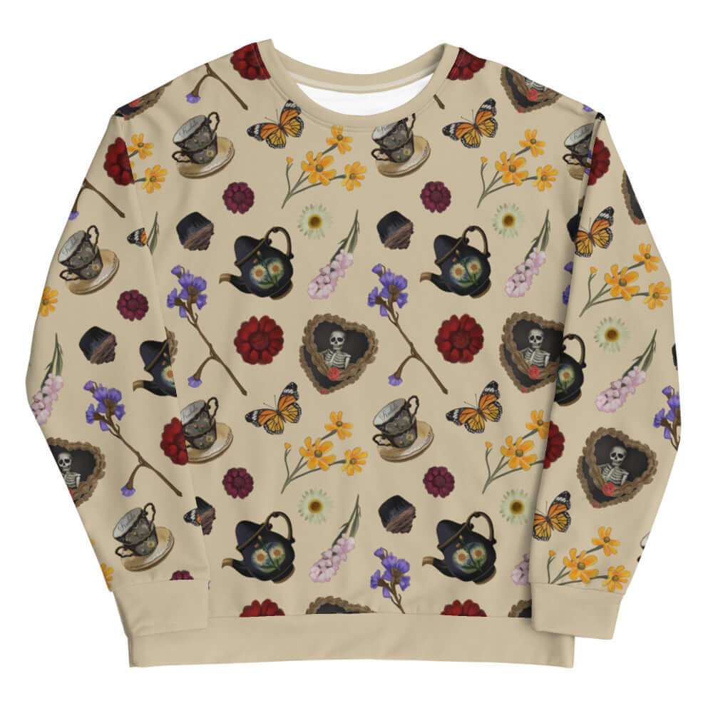 Gothic Tea Time Sweatshirt features whimsical tea-themed designs perfect for adding intrigue to your tea time.