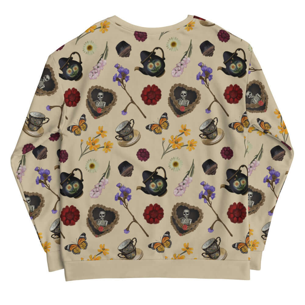 Gothic Tea Time Sweatshirt featuring whimsical teapots and flowers, perfect for a unique tea time experience.