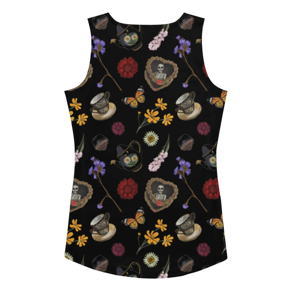 Stylish Gothic Tea Time Tank Top features a vibrant floral and skull pattern, perfect for unique summer fashion.