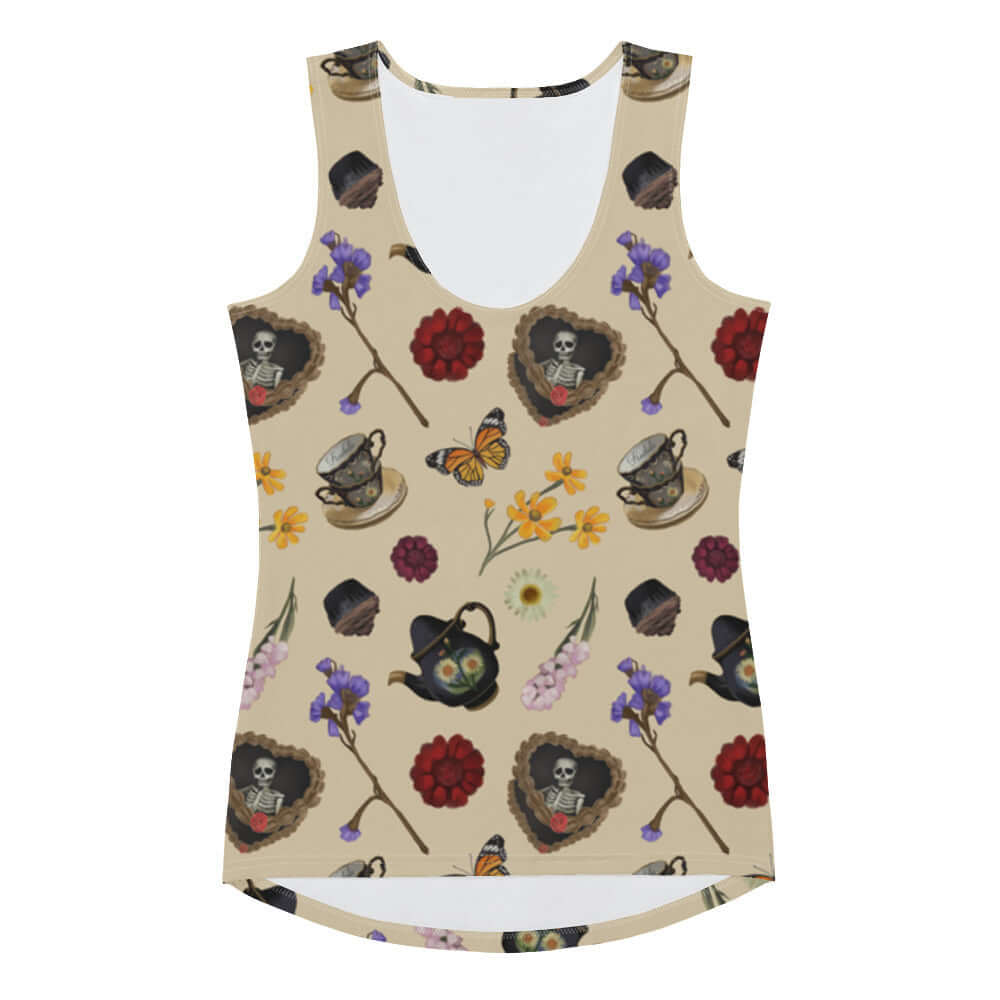 Gothic Tea Time Tank Top features a unique design with skulls, flowers, and tea cups for a stylish, edgy look.