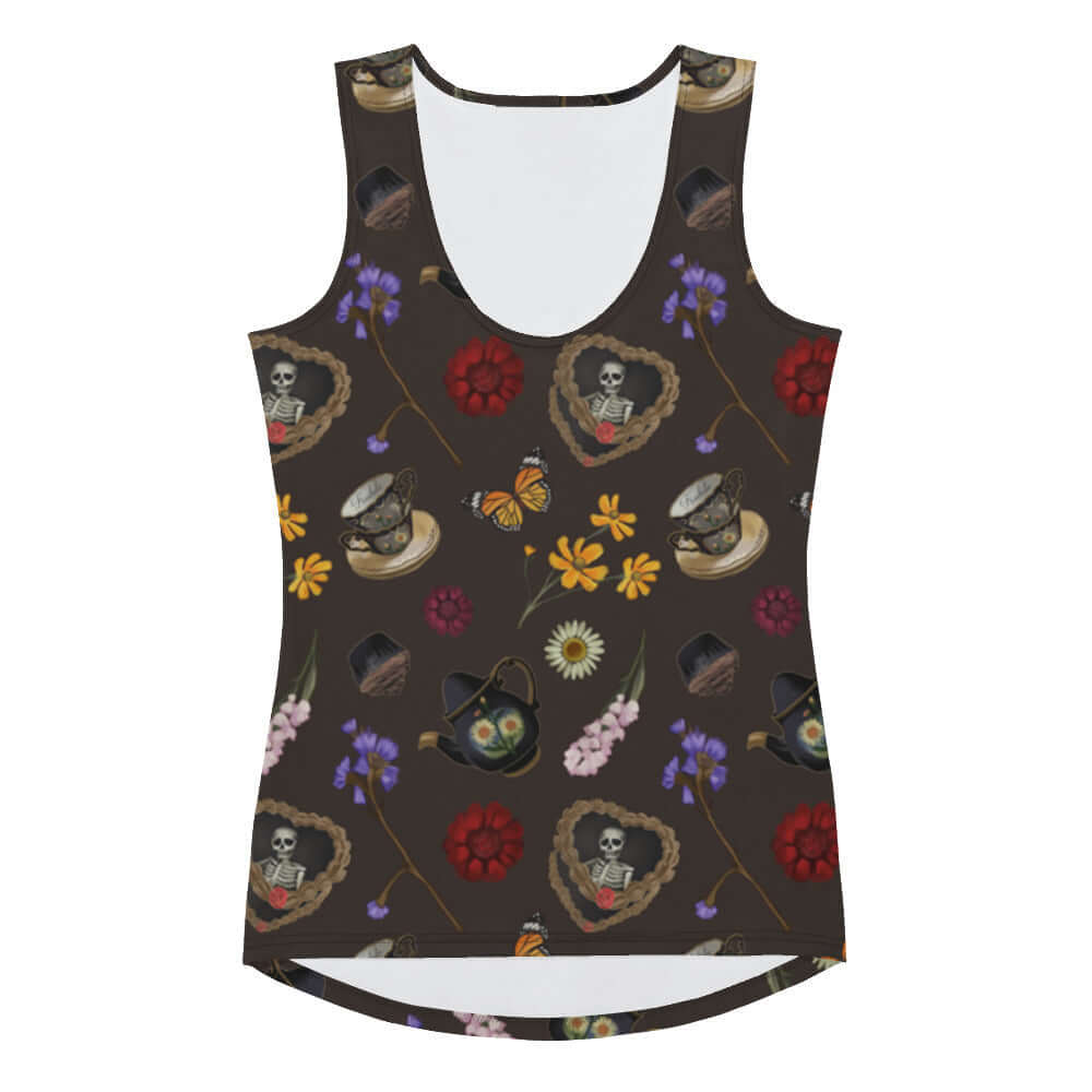Stylish Gothic Tea Time Tank Top features a unique floral and skull design, perfect for a chic, comfortable look.