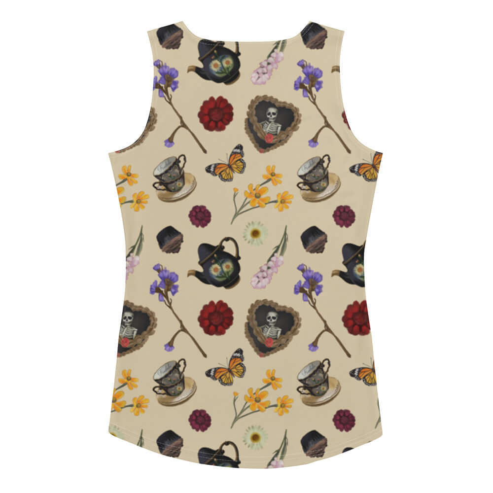 Gothic Tea Time Tank Top features a unique design with teacups, flowers, and butterflies for a stylish summer look.