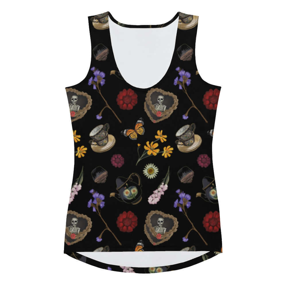 Gothic Tea Time Tank Top features a unique floral and skull design for stylish comfort on sunny days. Perfect fit!