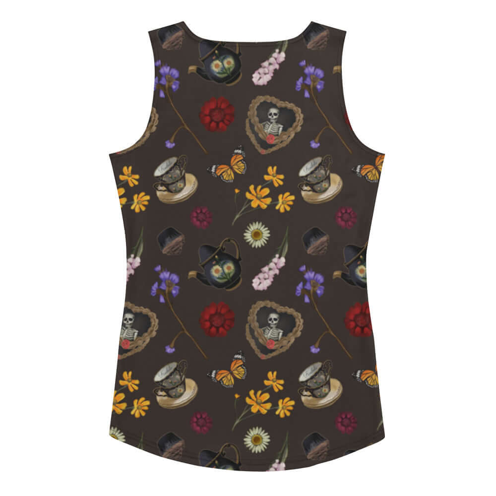 Gothic Tea Time Tank Top features a unique floral and tea motif, perfect for stylish comfort in any season.
