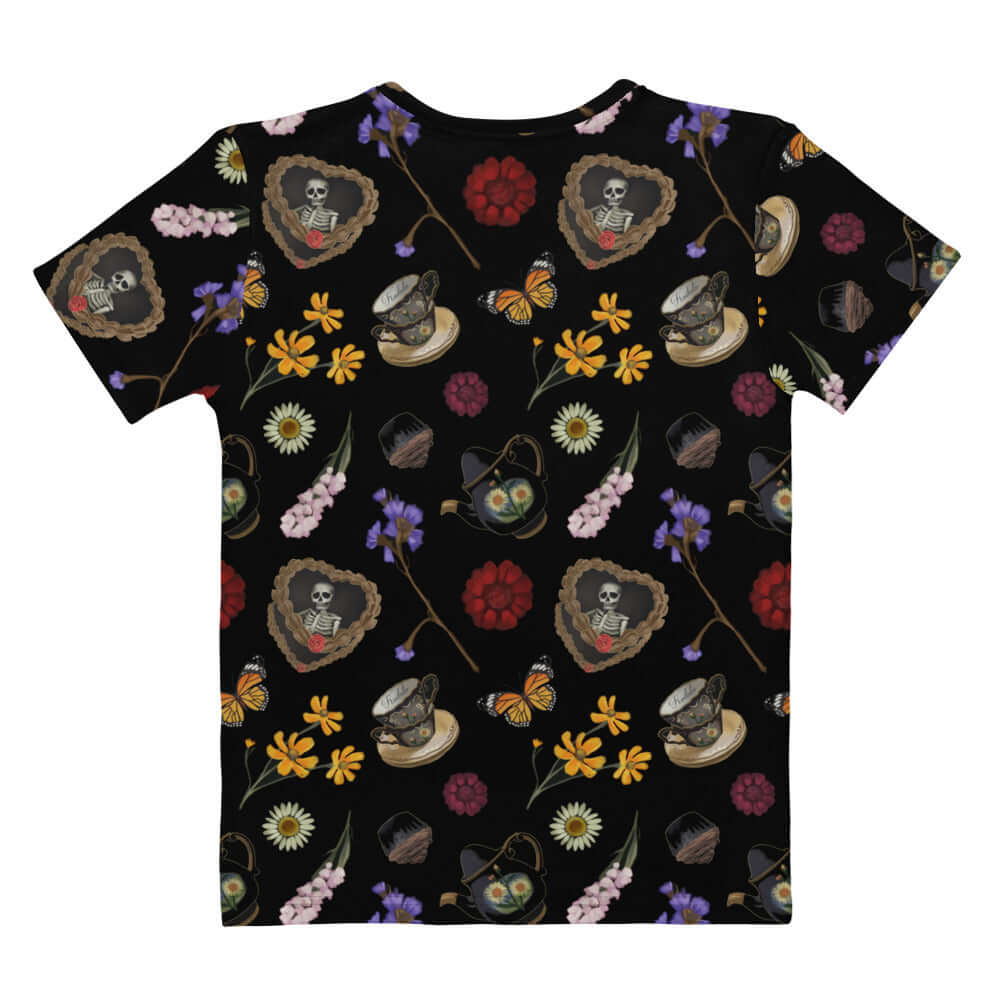 Stylish Gothic Tea Time T-shirt featuring elegant motifs on a black background for unique fashion lovers.