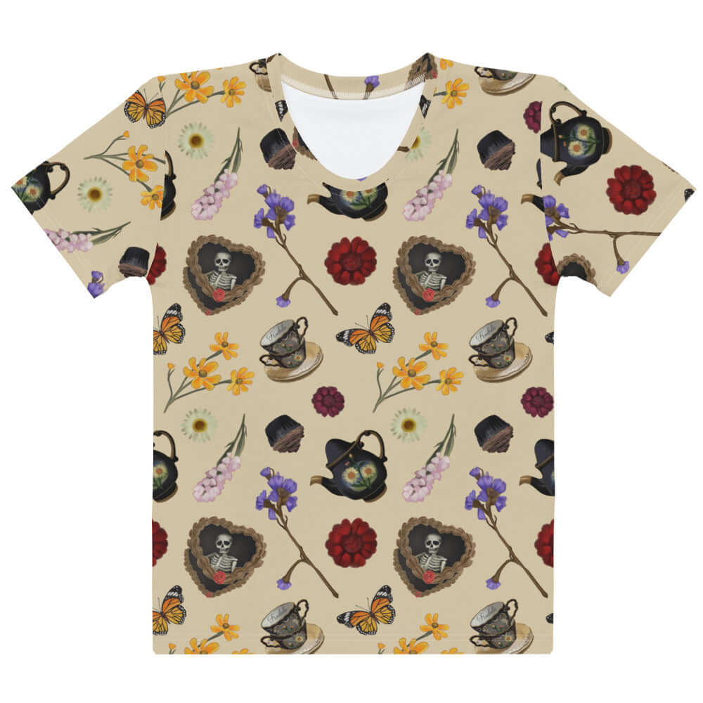 Gothic Tea Time T-shirt featuring a unique design of teapots, flowers, and skeletons for a stylish look.