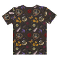 Gothic Tea Time T-shirt featuring a unique pattern of tea cups, flowers, and skeletons, perfect for stylish comfort.