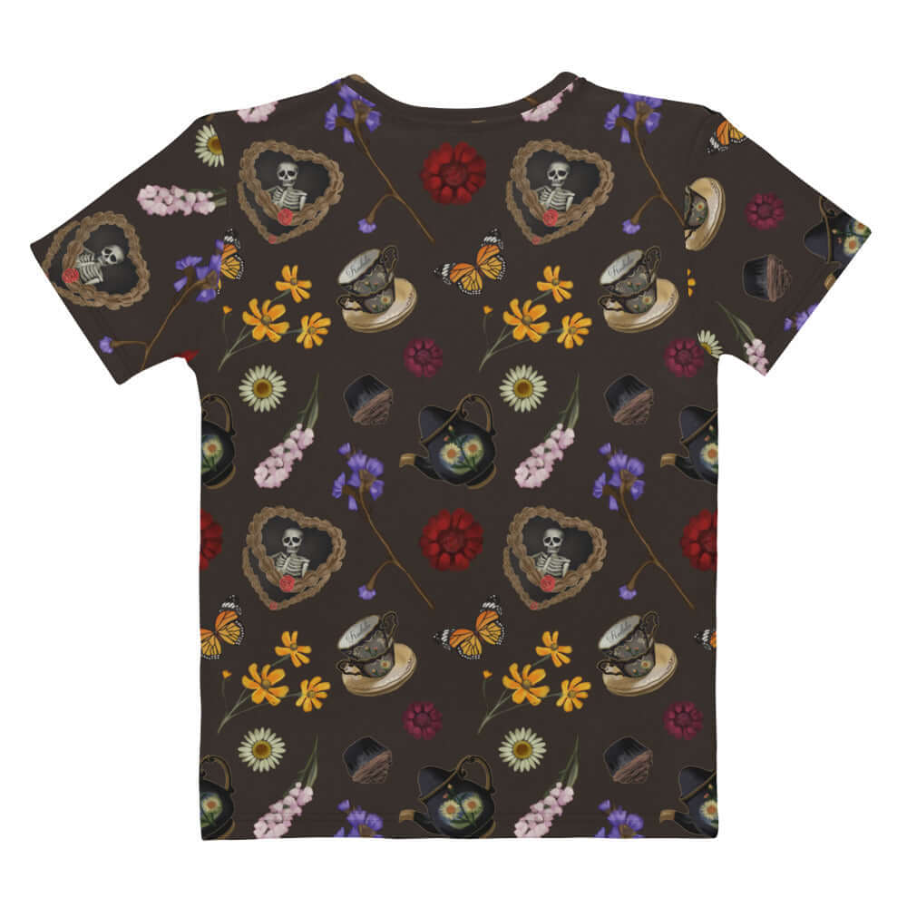 Gothic Tea Time T-shirt featuring a unique pattern of tea cups, flowers, and skeletons, perfect for stylish comfort.