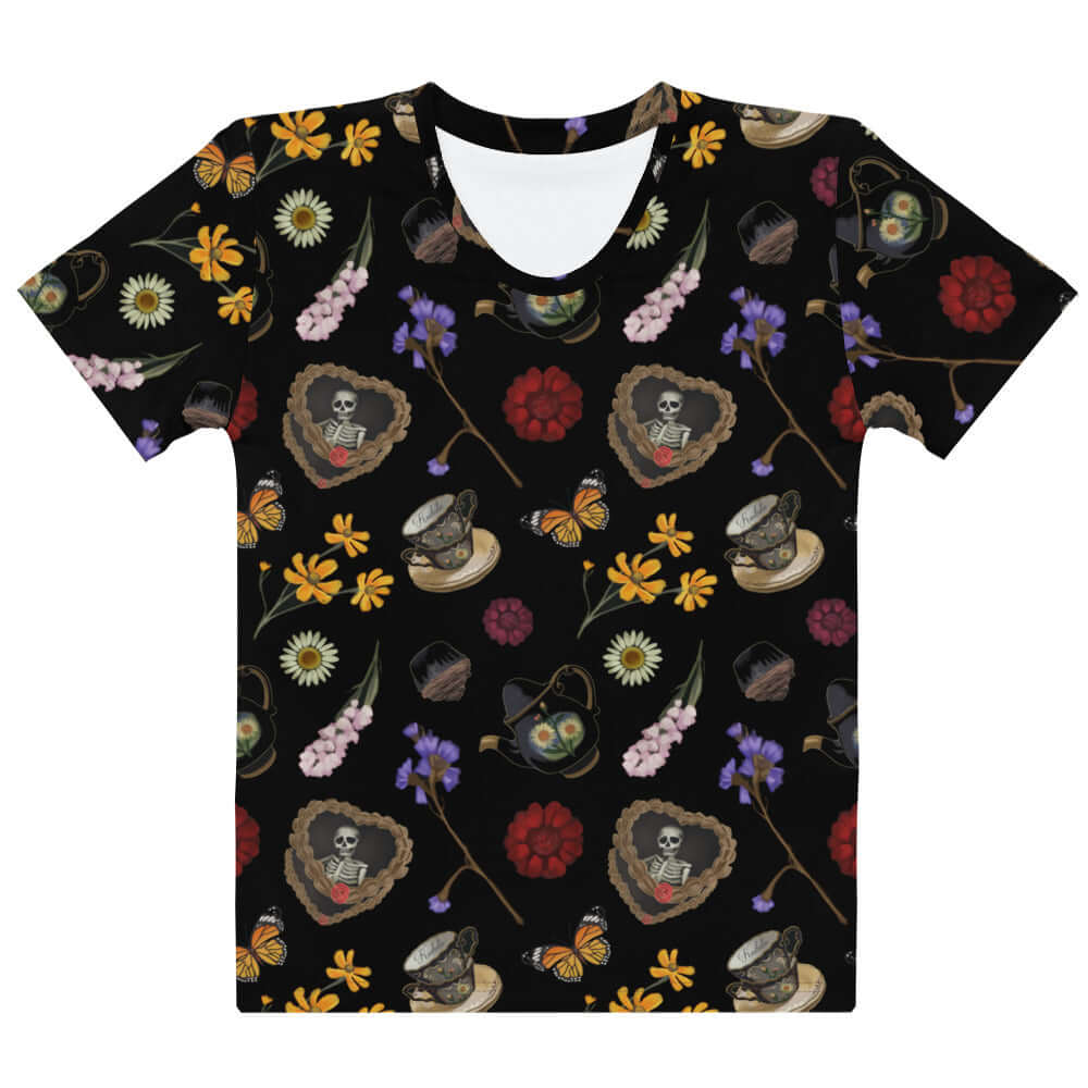 Gothic Tea Time T-shirt featuring a unique floral and skull design, perfect for stylish comfort.