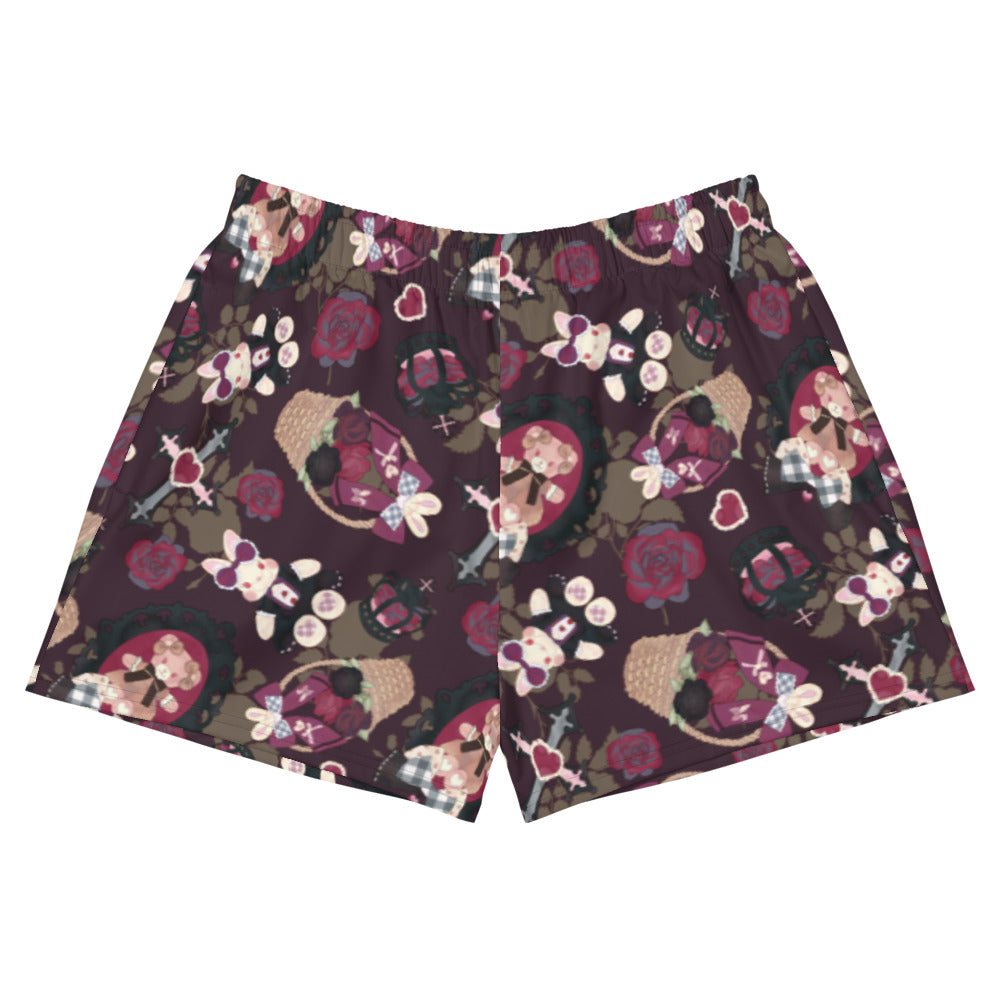 Gothic Teddy Athletic Short Shorts feature a charming, dark floral design perfect for gothic lolitas. Comfortable and stylish!