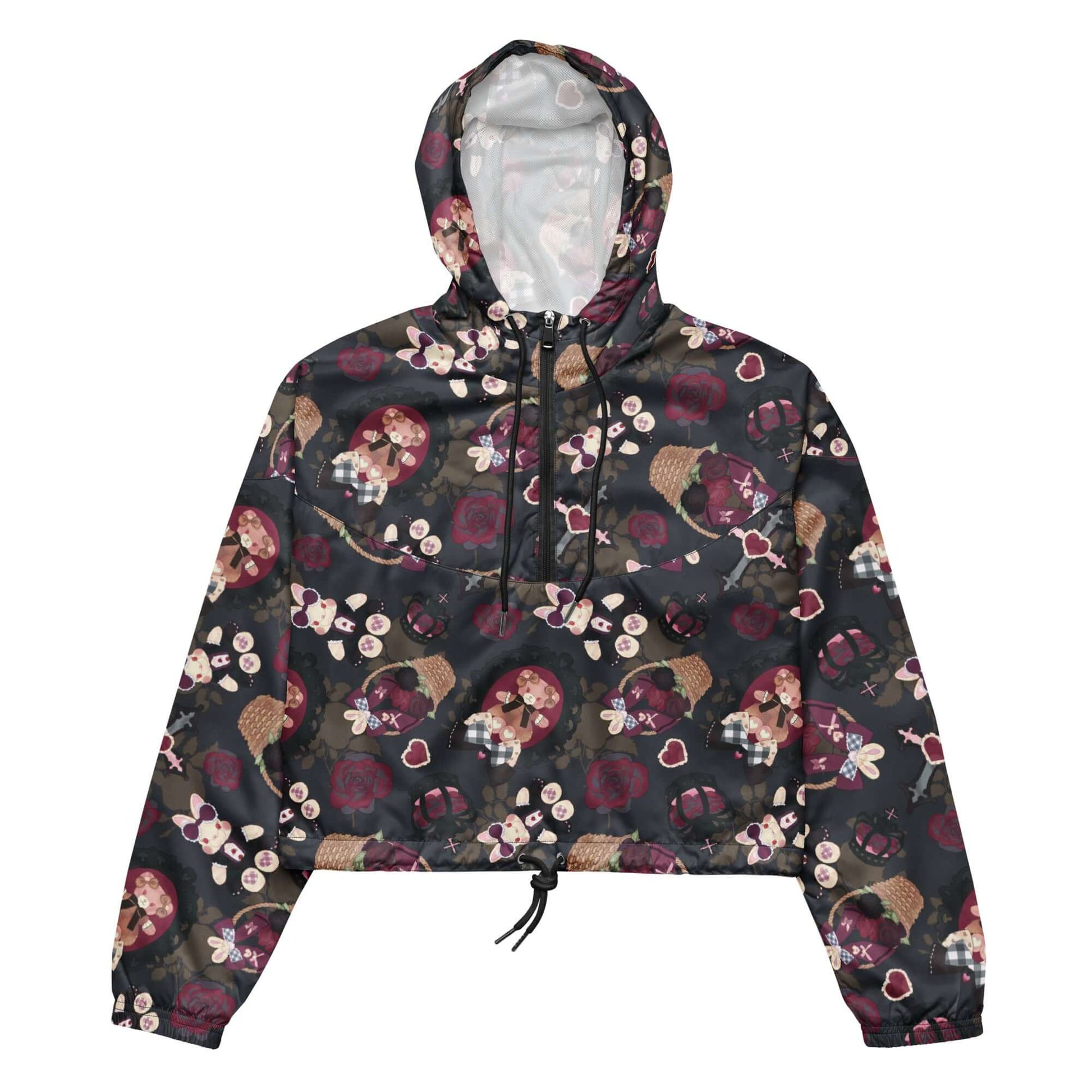 Stylish Gothic Teddy cropped windbreaker, perfect for adventures, featuring pockets and adjustable drawcords.