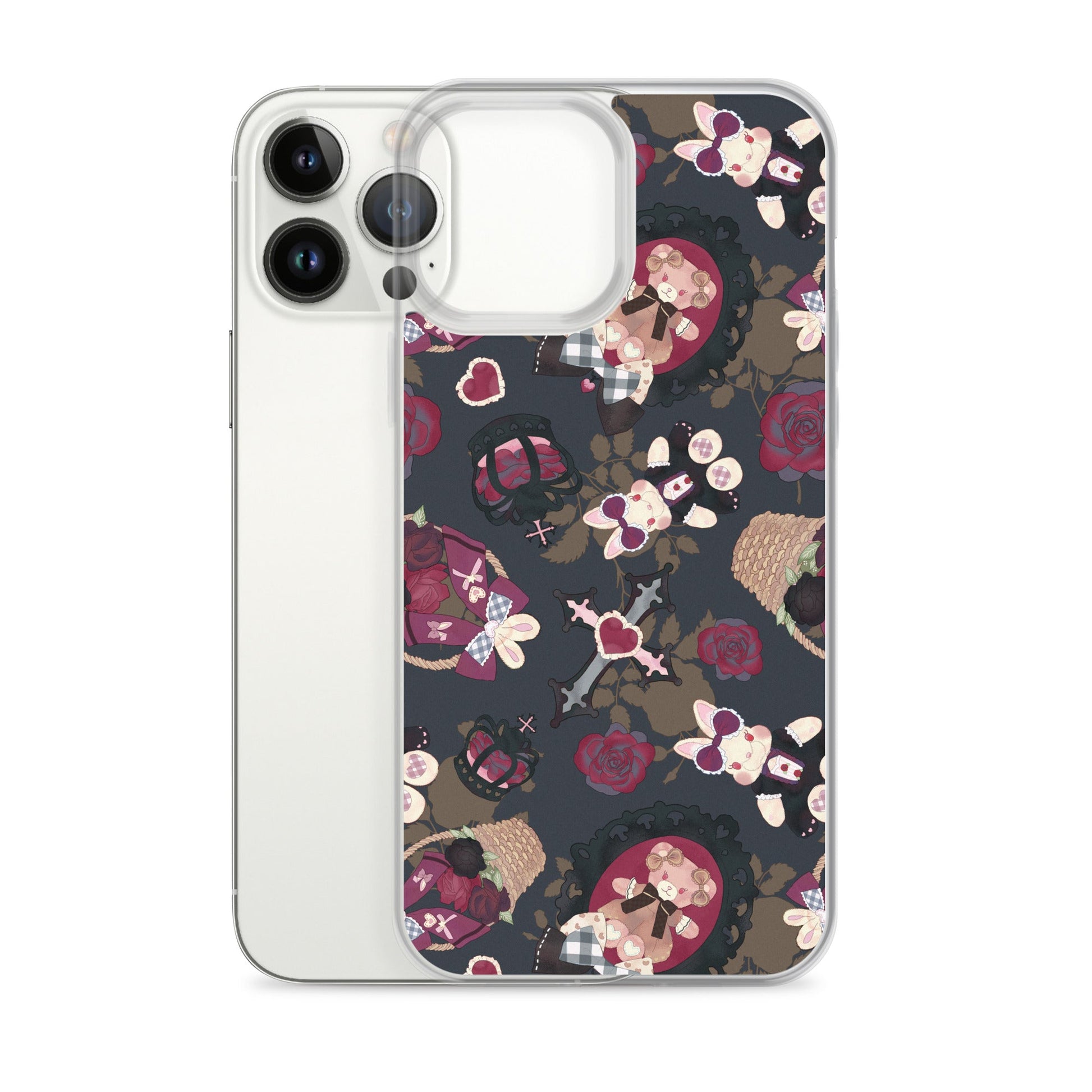 Stylish Gothic Teddy iPhone® Clear Case with unique design, offering protection from scratches and easy access to ports.