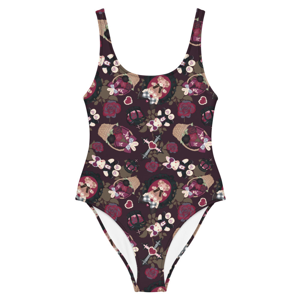 Gothic Teddy One-Piece Swimsuit featuring a cute dark design, perfect for the gothic lolita style. Ideal for all figures.
