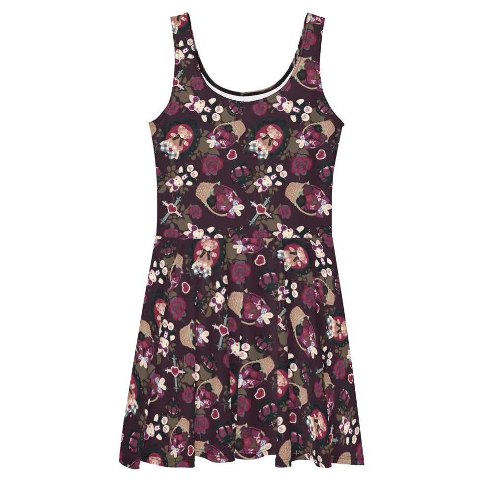 Gothic Teddy Skater Dress featuring vibrant regal motifs and a flared skirt, perfect for conquering your day.
