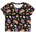 Stylish Halloween Treat Crop Top featuring sweet treats and a starry night design for a festive look. Perfect for spooky season!
