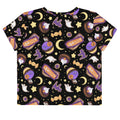 Stylish Halloween Treat Crop Top featuring a fun pattern of spooky sweets and stars, perfect for festive occasions.