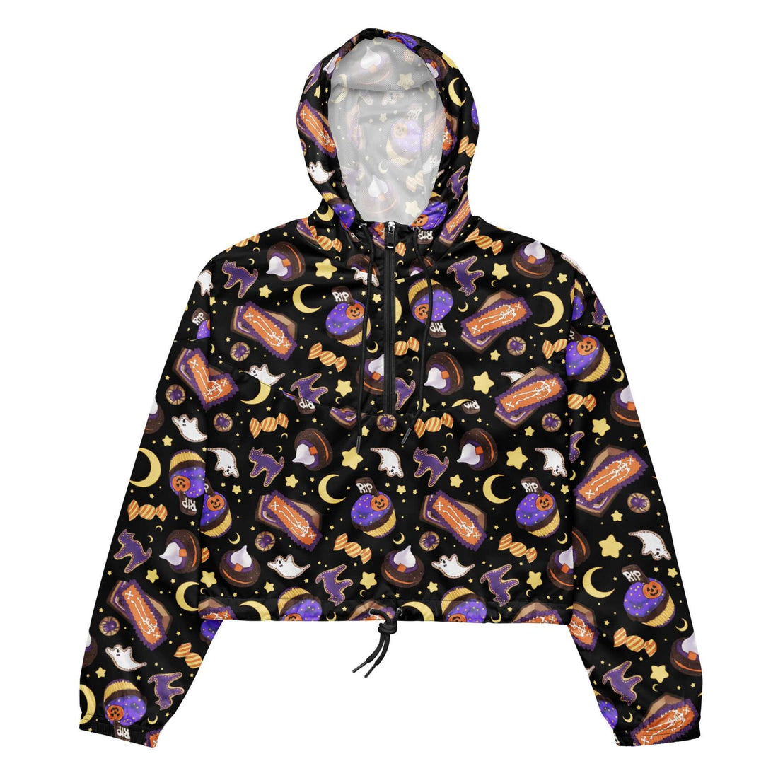Lightweight and waterproof, the Halloween Treat cropped windbreaker features playful designs for stylish outdoor adventures.