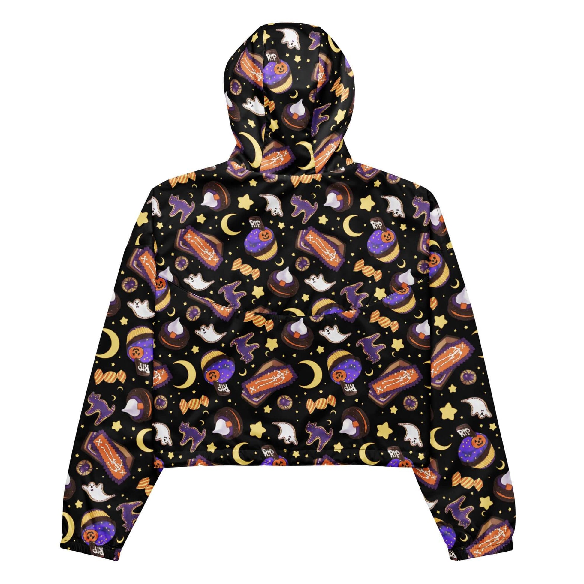 Lightweight and waterproof, the Halloween Treat cropped windbreaker features fun Halloween designs for stylish adventures.