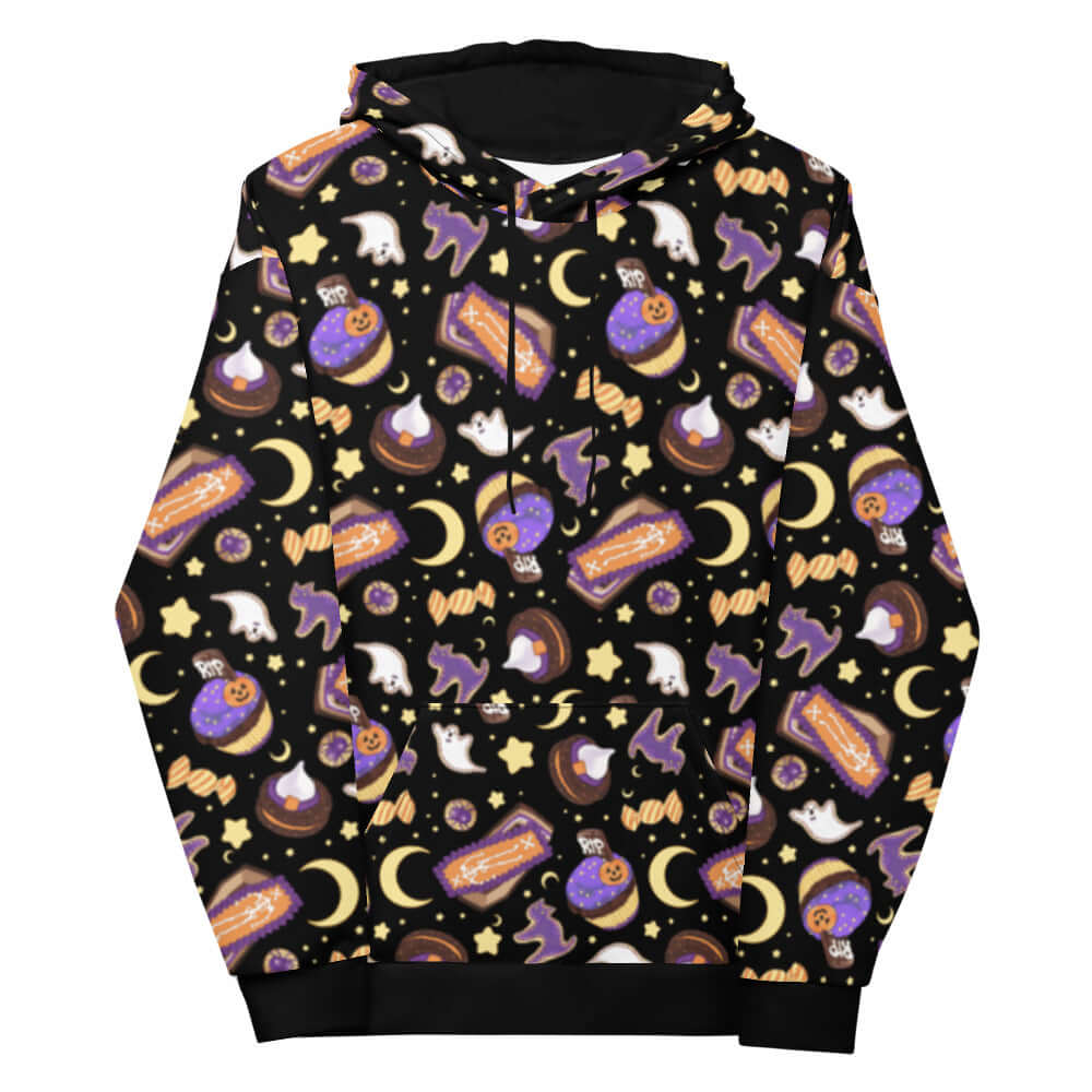 Cozy Halloween Treat Hoodie featuring vibrant sweets and a starry-night design for festive comfort. Perfect for fall!