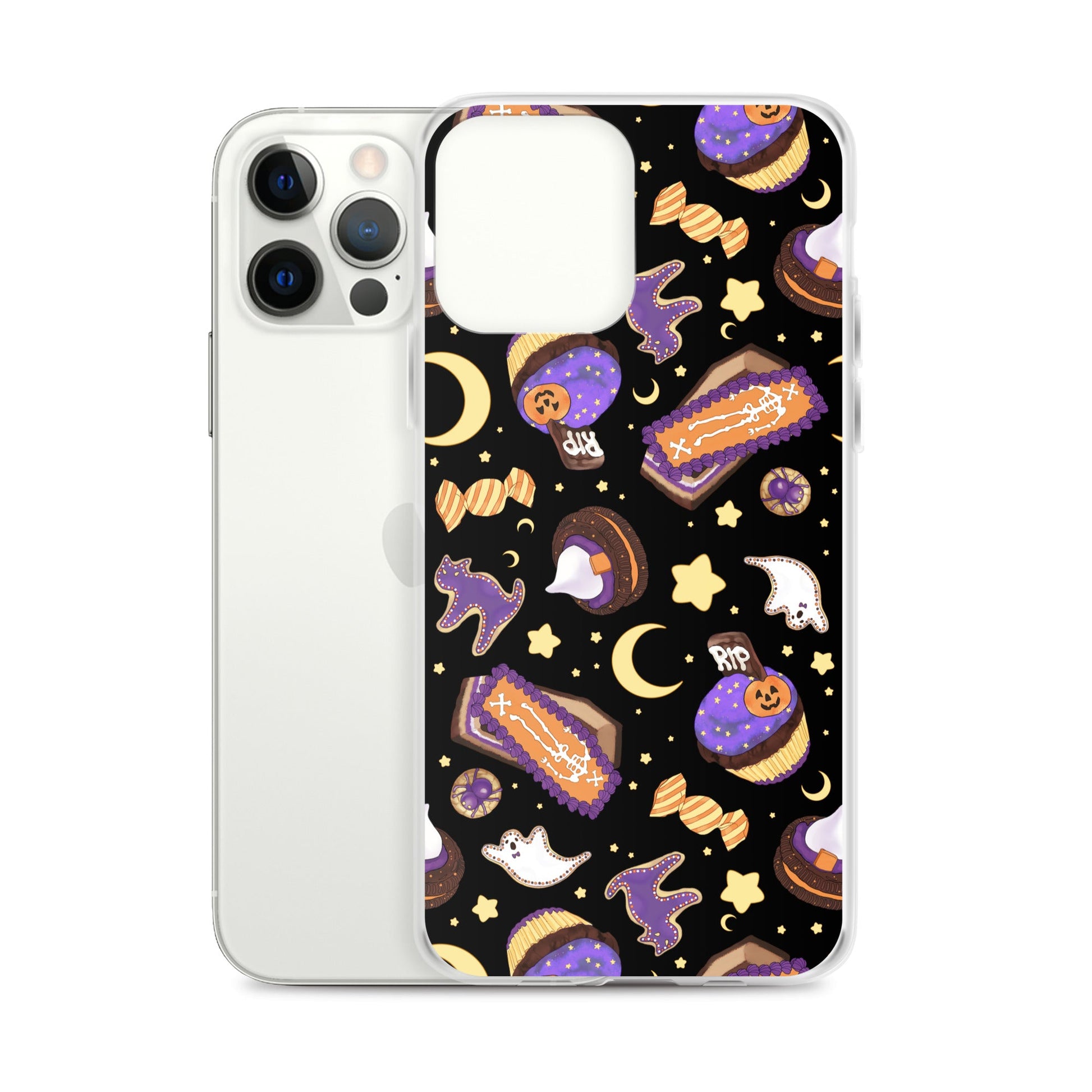 Colorful Halloween Treat iPhone® Clear Case featuring playful treats and spooky designs, perfect for festive phone protection.