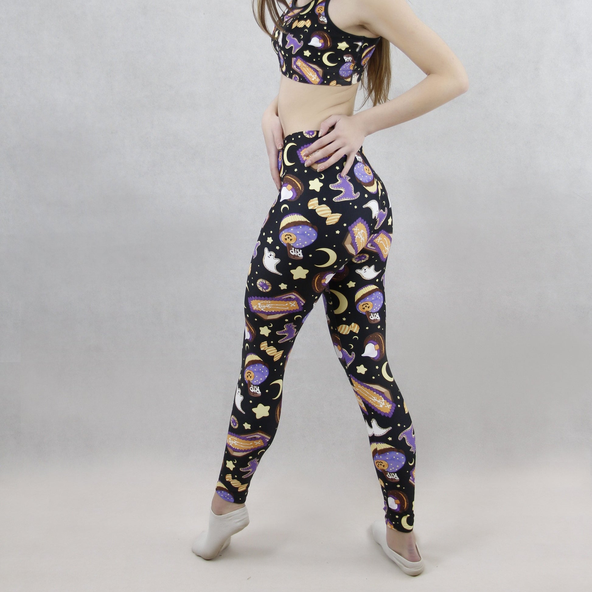 Stylish Halloween Treat Leggings featuring fun designs, perfect for workouts or errands. Get your festive look today!