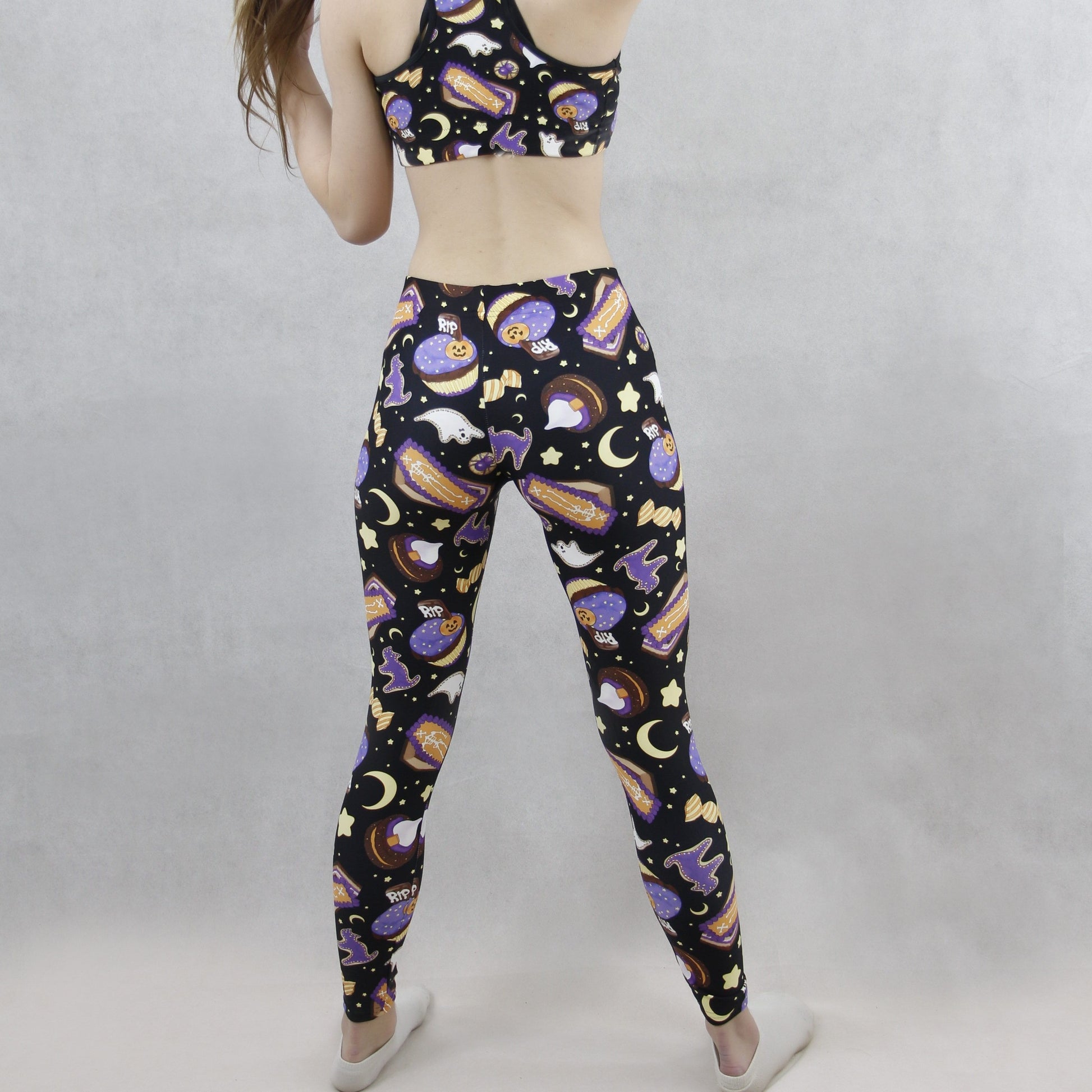 Stylish Halloween Treat Leggings featuring fun Halloween-themed designs, perfect for workouts or errands.