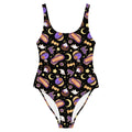 Stylish Halloween Treat One-Piece Swimsuit featuring fun spooky designs, perfect for a festive beach day.