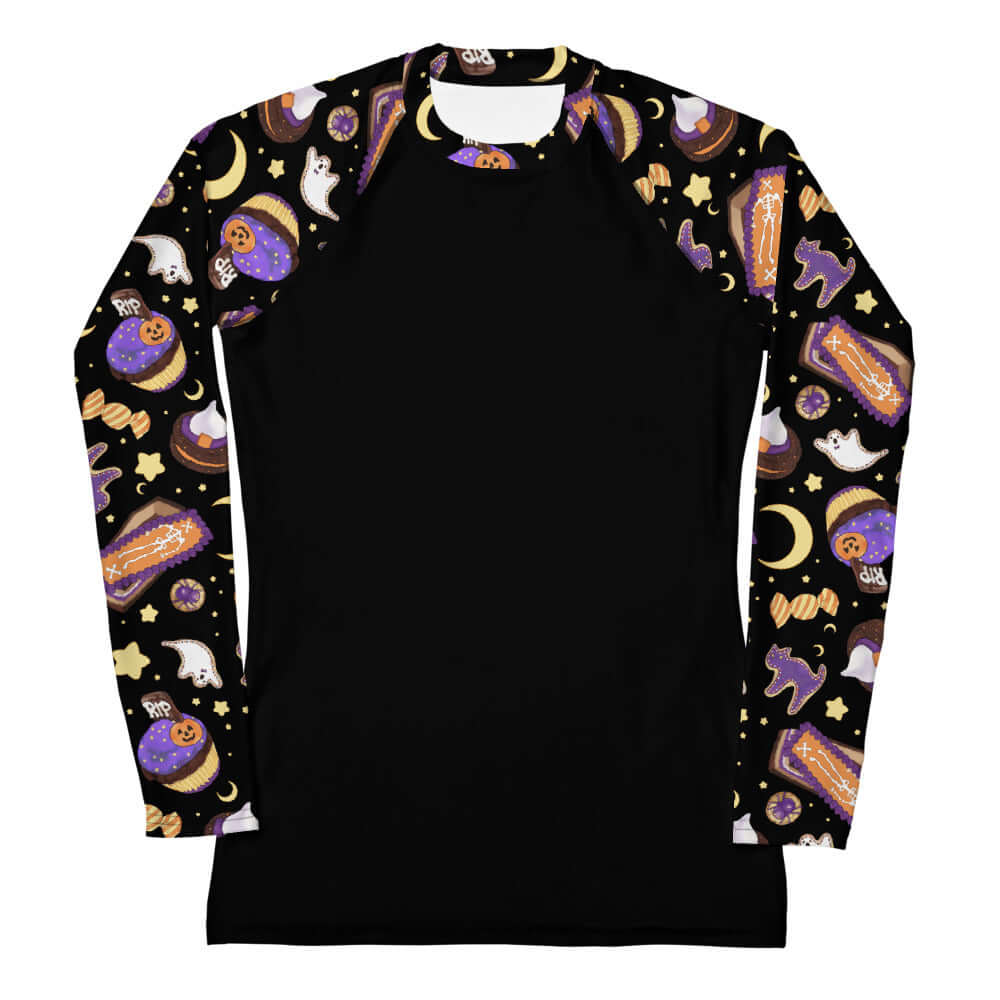 Stylish Halloween Treat Rash Guard with fun spooky designs, perfect for active outdoor adventures.