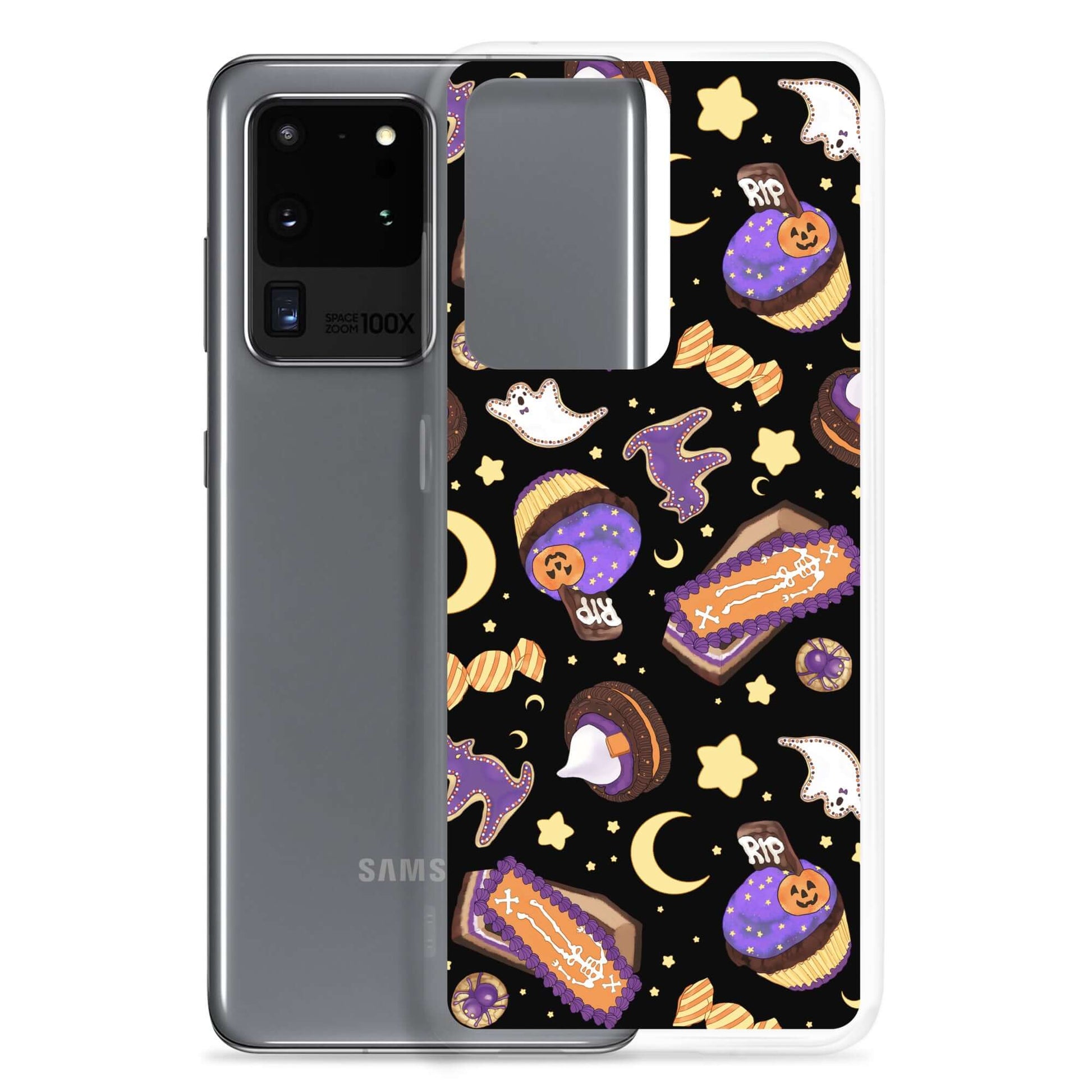 Sleek Halloween Treat Samsung® Clear Case featuring fun Halloween designs, perfect for protecting your phone stylishly.