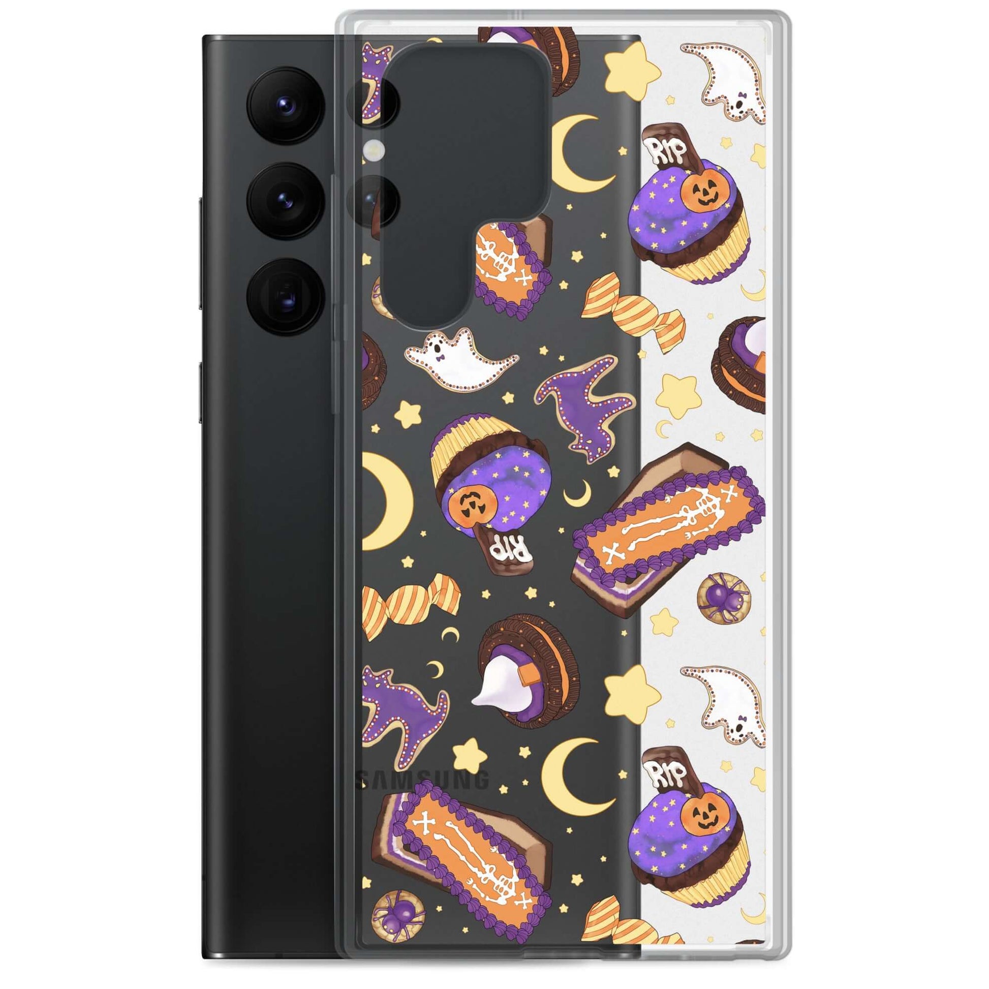 Sleek Halloween Treat Samsung® Clear Case features playful designs, protecting your phone while showcasing festive fun.
