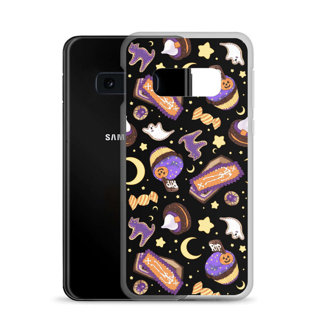 Sleek Halloween Treat Samsung® Clear Case featuring spooky designs, perfect for protecting your phone in style.