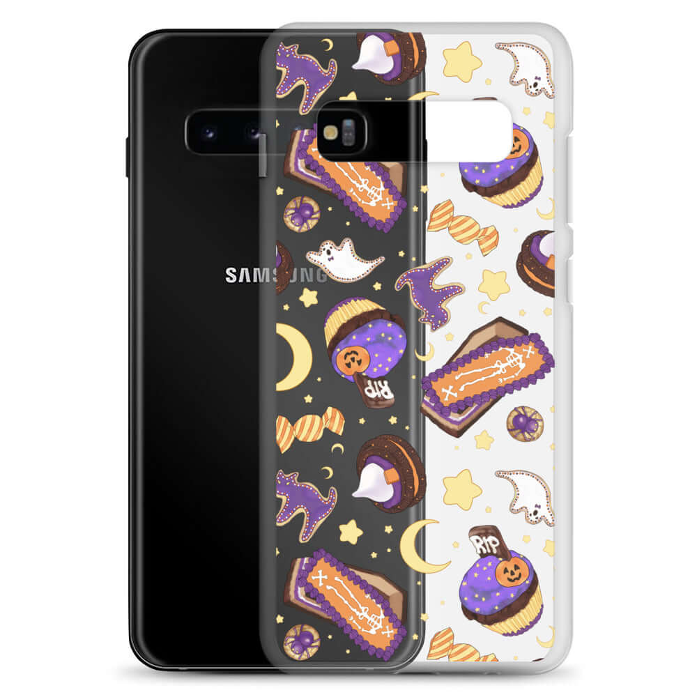 Sleek Halloween Treat Samsung® Clear Case featuring colorful treats, perfect for protecting your phone in style.