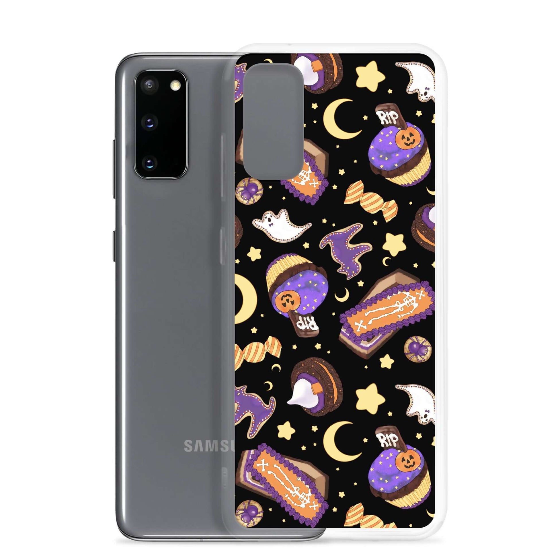 Sleek Halloween Treat Samsung® Clear Case featuring fun spooky designs, protecting your phone in style. Perfect for Halloween!