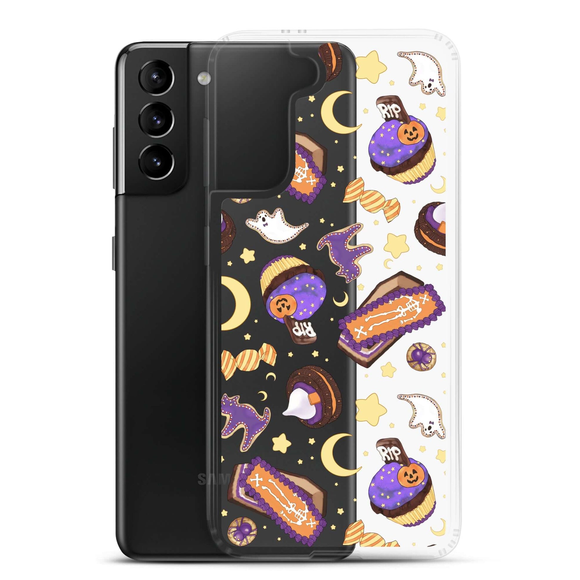 Sleek Halloween Treat Samsung® Clear Case features fun designs, protecting your phone from scratches and dirt.