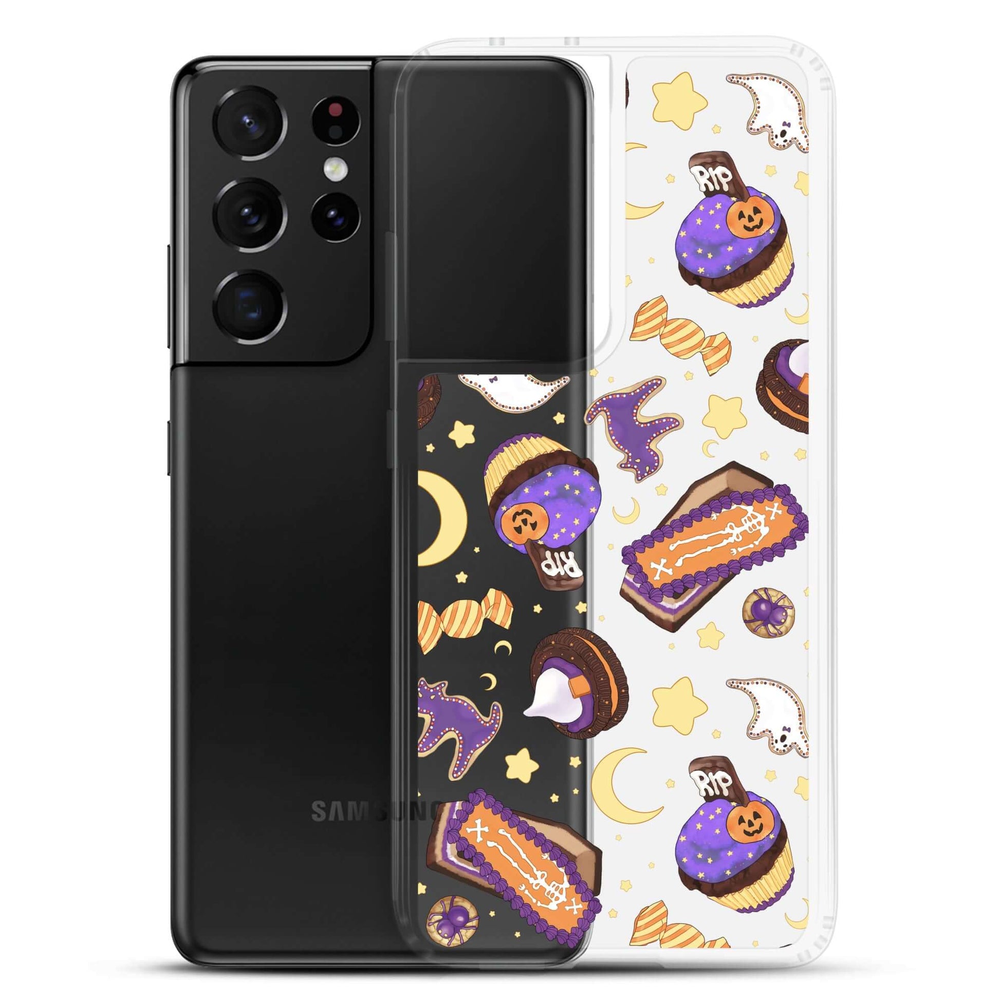 Sleek Halloween Treat Samsung® Clear Case featuring fun Halloween candy designs, perfect for protection and style.