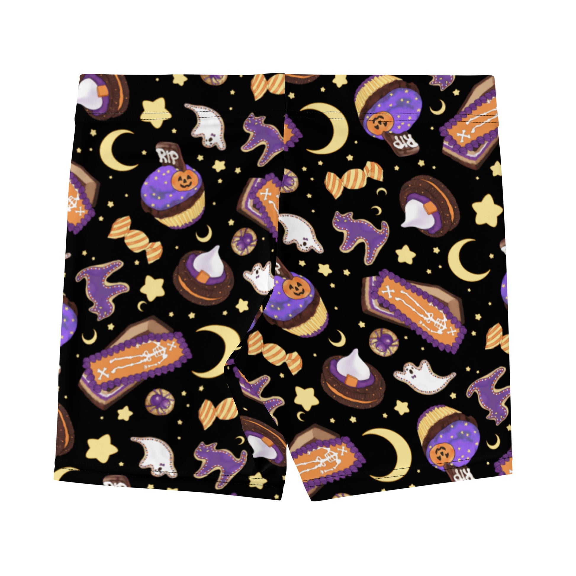 Stylish Halloween Treat Shorts feature a fun pattern of treats, perfect for comfort at the gym or running errands.