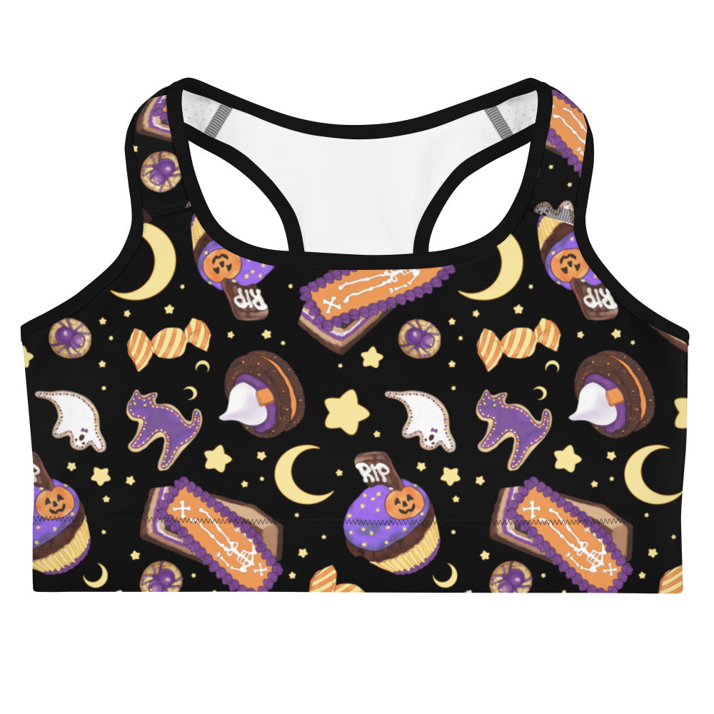 Stylish Halloween Treat Sports Bra with fun spooky patterns, perfect for workouts at any intensity.