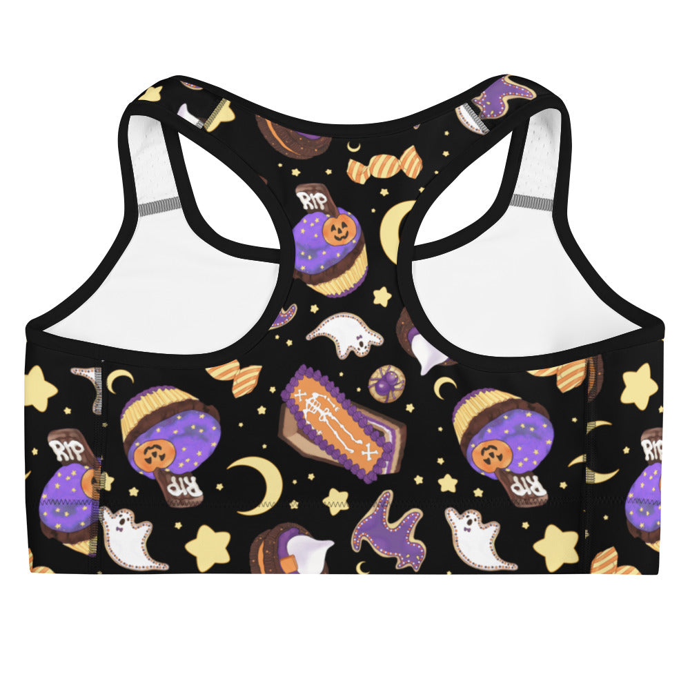 Get into the Halloween spirit with the moisture-wicking Halloween Treat Sports Bra, perfect for your workouts!