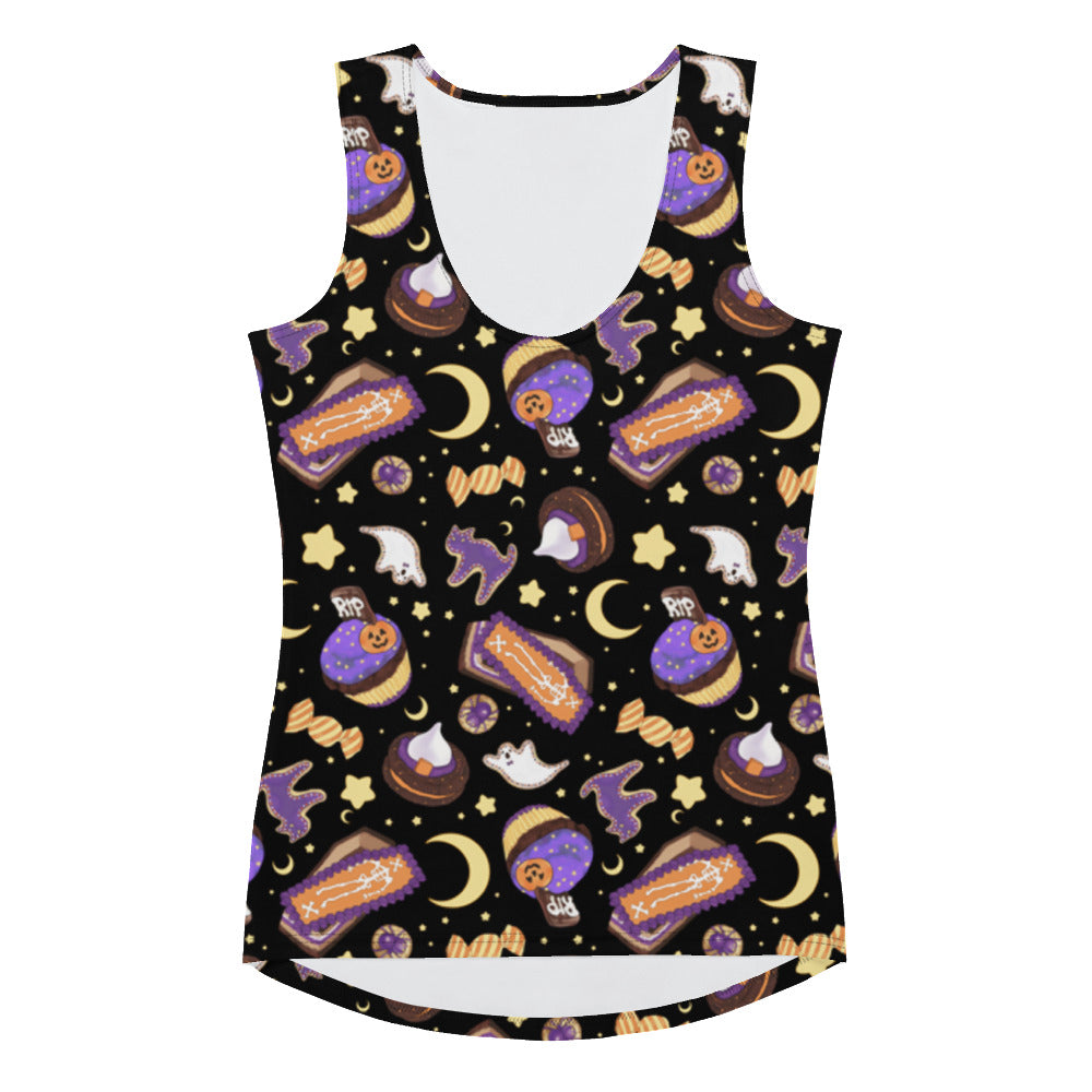 Stylish Halloween Treat Tank Top featuring fun spooky designs, perfect for gym or errands. Comfortable fit and vibrant colors!