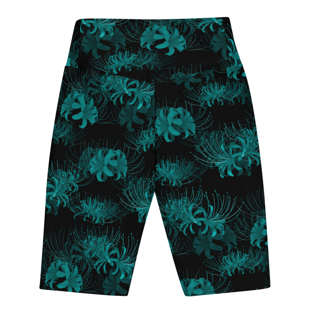 High-waisted Higanbana Biker Shorts featuring vibrant spider lily prints for a powerful and stylish look.